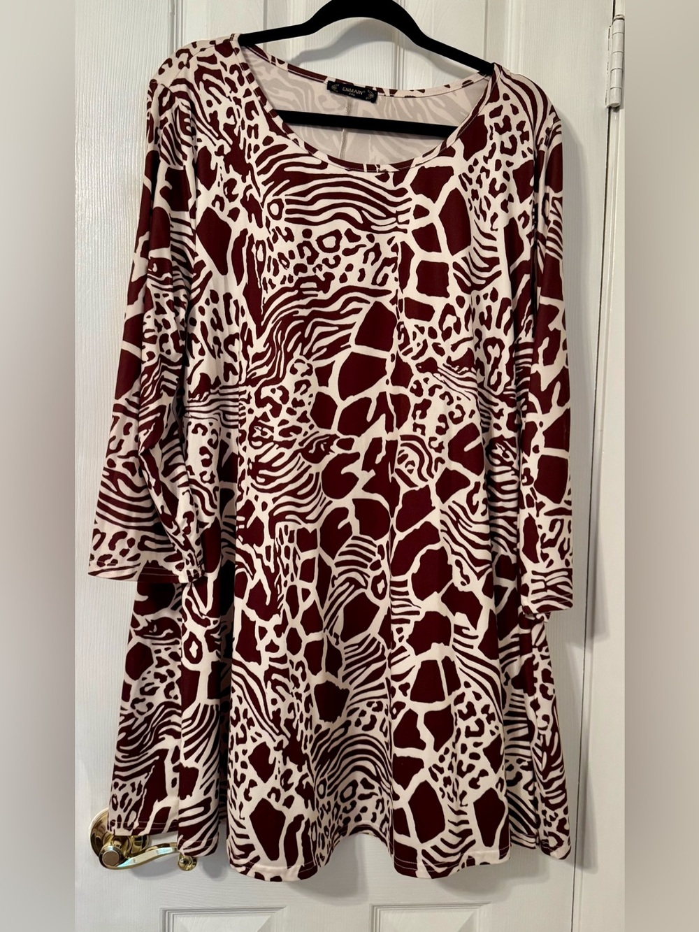 Animal-Print Swing Tunic in Burgundy and Cream 2xl